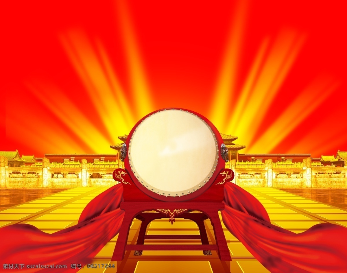 红光照耀 鼓 红绸 金色宫殿图片 金色宫殿 黄色光