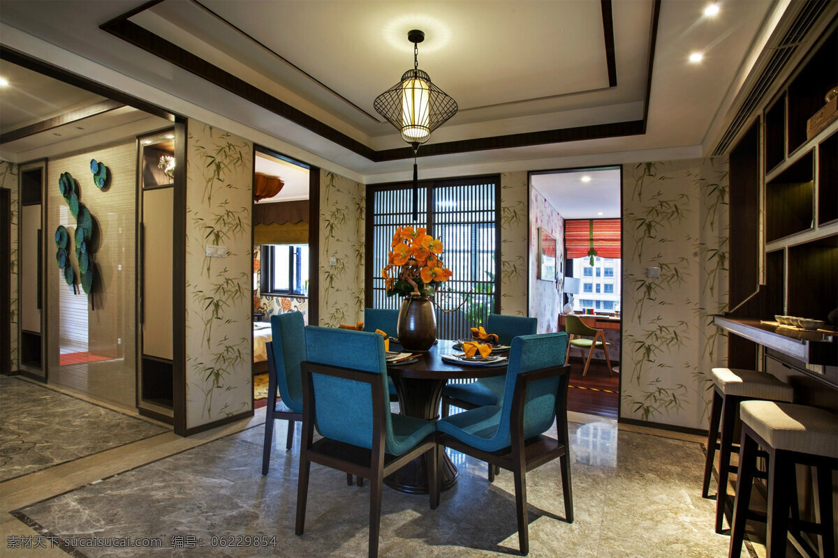现代 热带 风情 客厅 蓝色 椅子 室内装修 效果图 杏色地板 客厅装修 圆吊灯 木制展示架