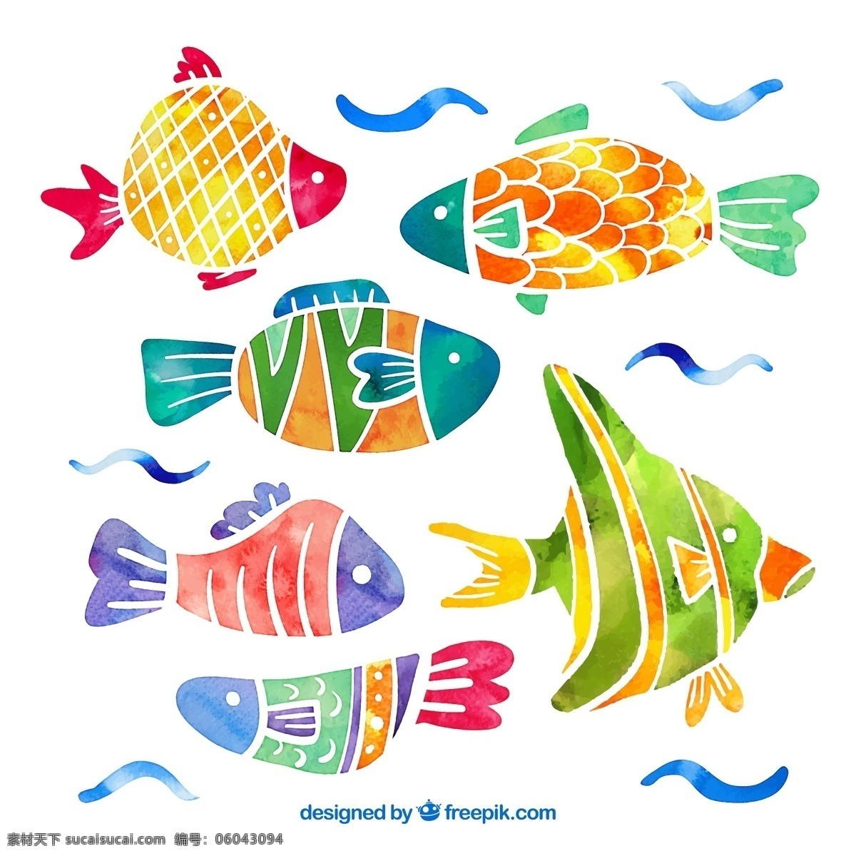 彩绘 花纹 鱼类 大海 海浪 动物 水彩 矢量 高清图片