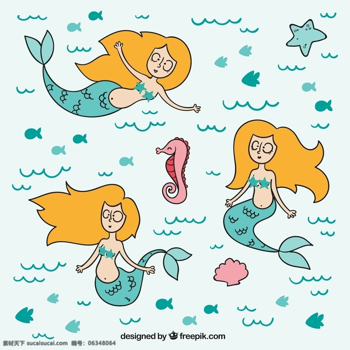 金發(fā) 美人魚 海星 海浪 浪花 矢量 高清圖片