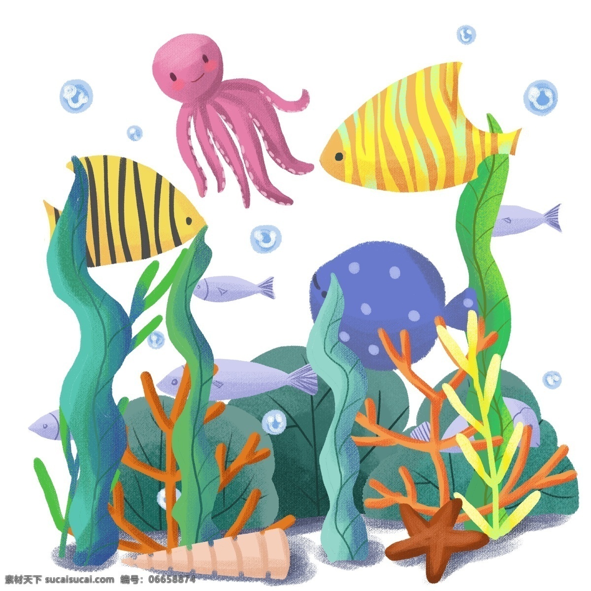 手绘 可爱 卡通 动物 海洋 海底 世界 鱼类 水草