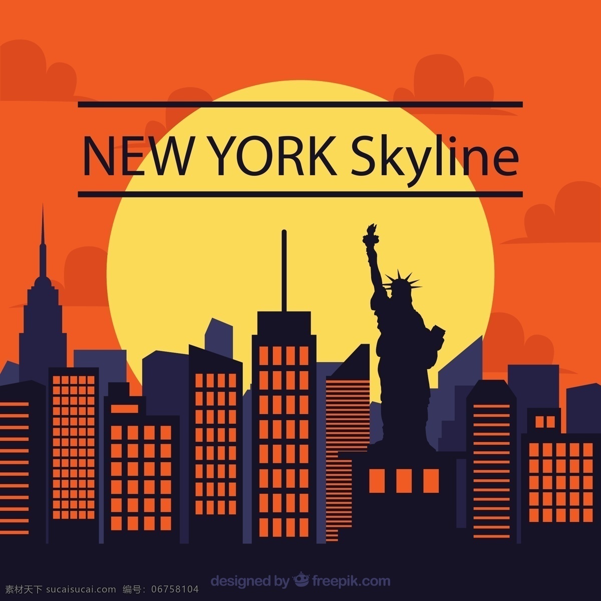 时尚 纽约 建筑 剪影 太阳 夕阳 云朵 女神像 楼房 城市 源文件 矢量 高清图片
