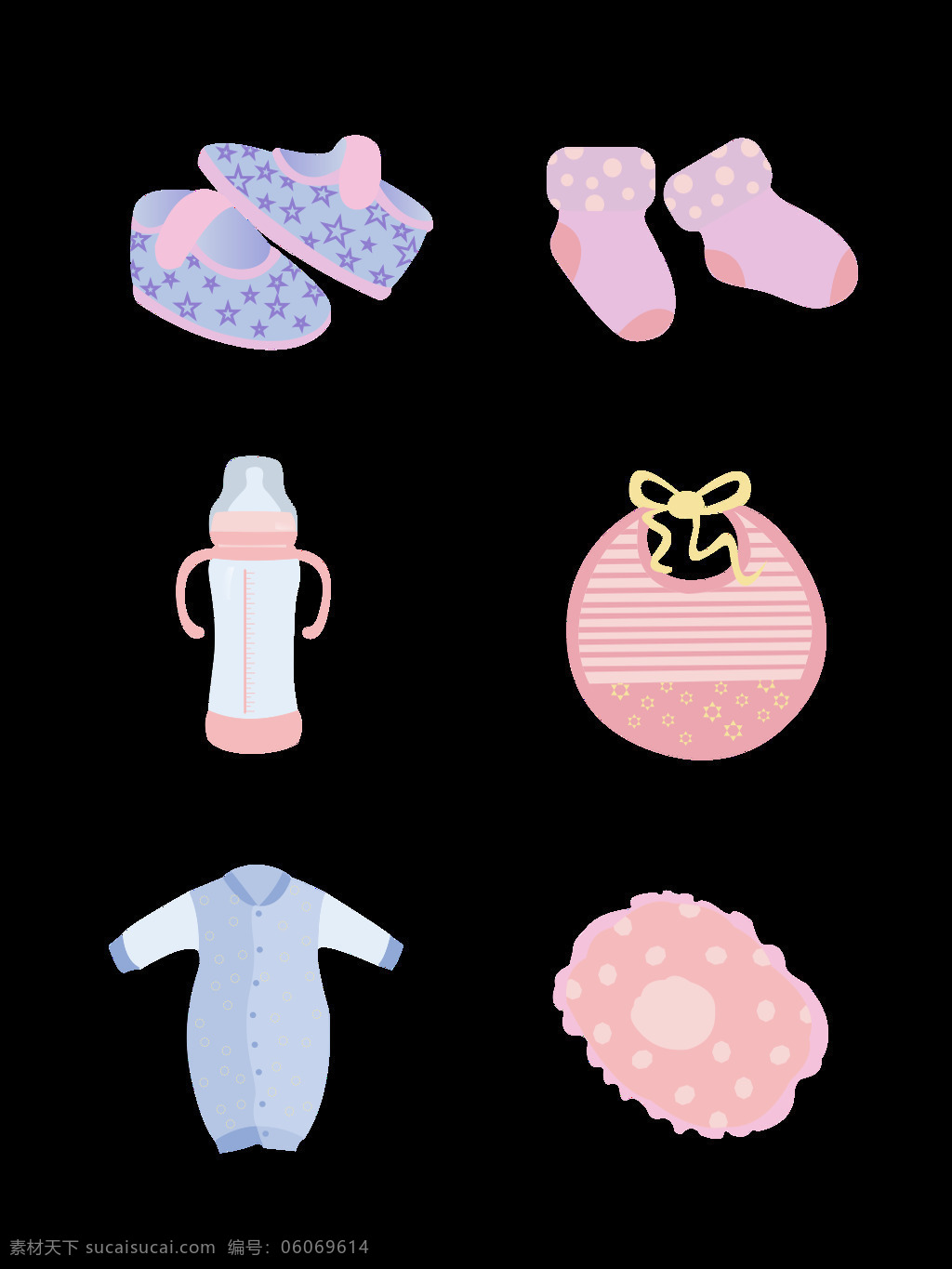 婴儿用品 元素 卡通 可爱 宝宝 用品 卡通可爱 鞋子 袜子 衣服 元素设计 蓝粉色 奶瓶 围兜 小枕头