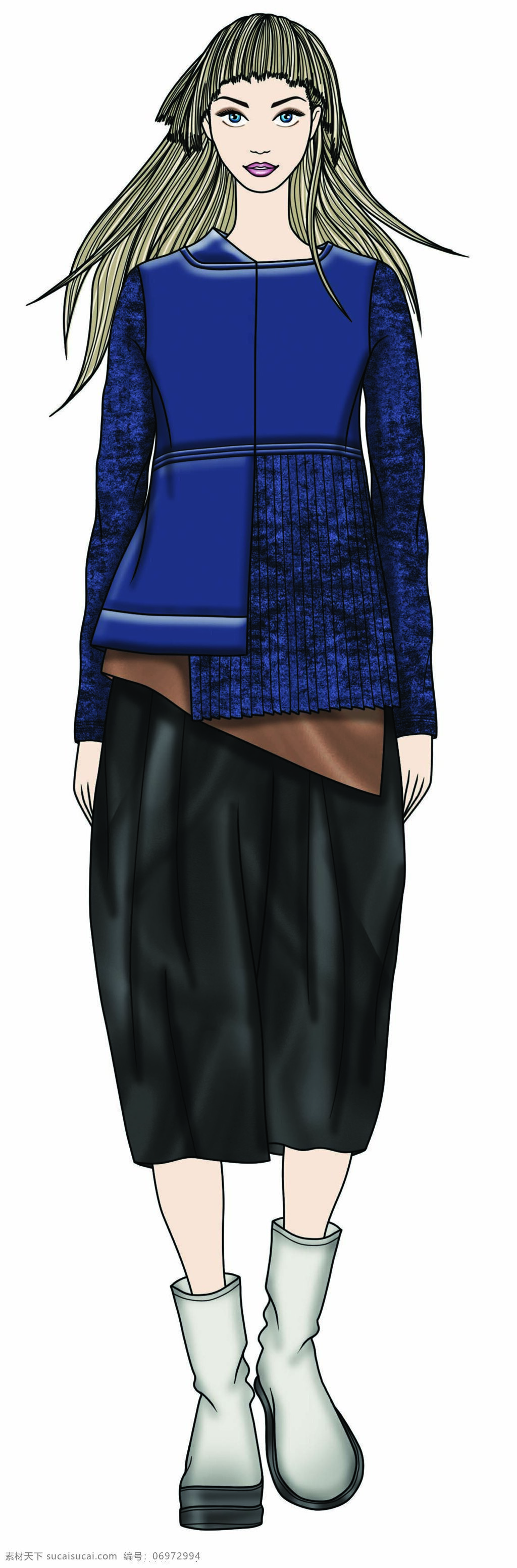 帥氣 深藍(lán)色 拼接 上衣 女裝 服裝 效果圖 長發(fā)模特 服裝效果圖 褲子 闊腿褲