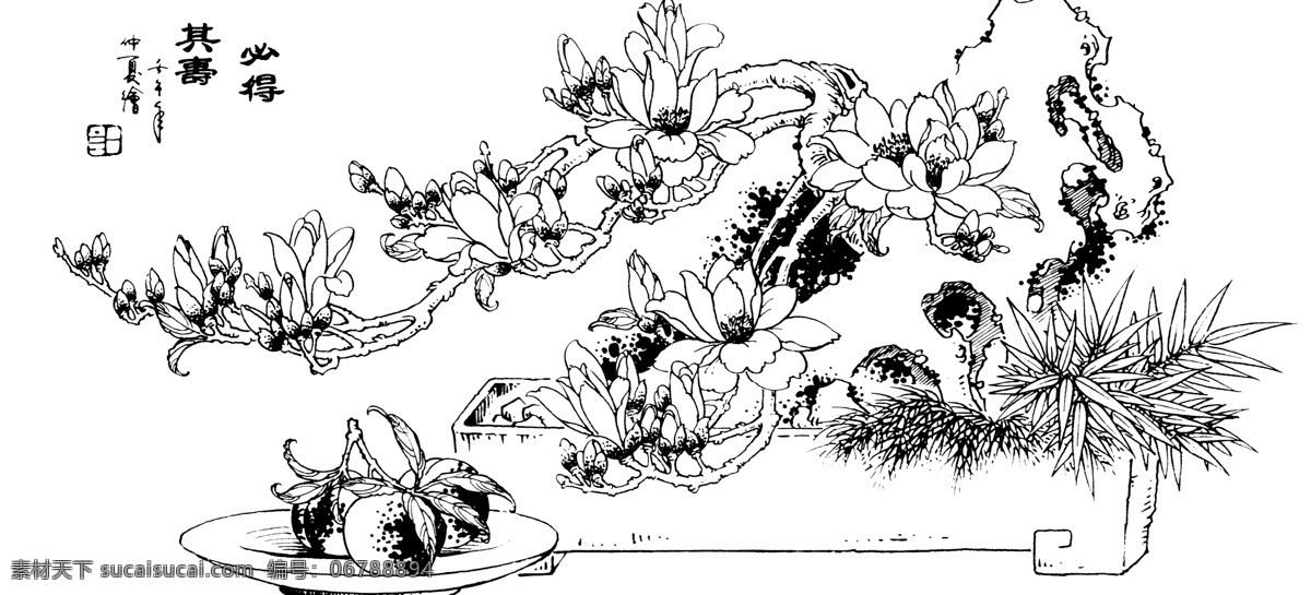 必得其壽 白描圖 松 盆景 博古 文化藝術(shù) 繪畫書法 傳統(tǒng)文化