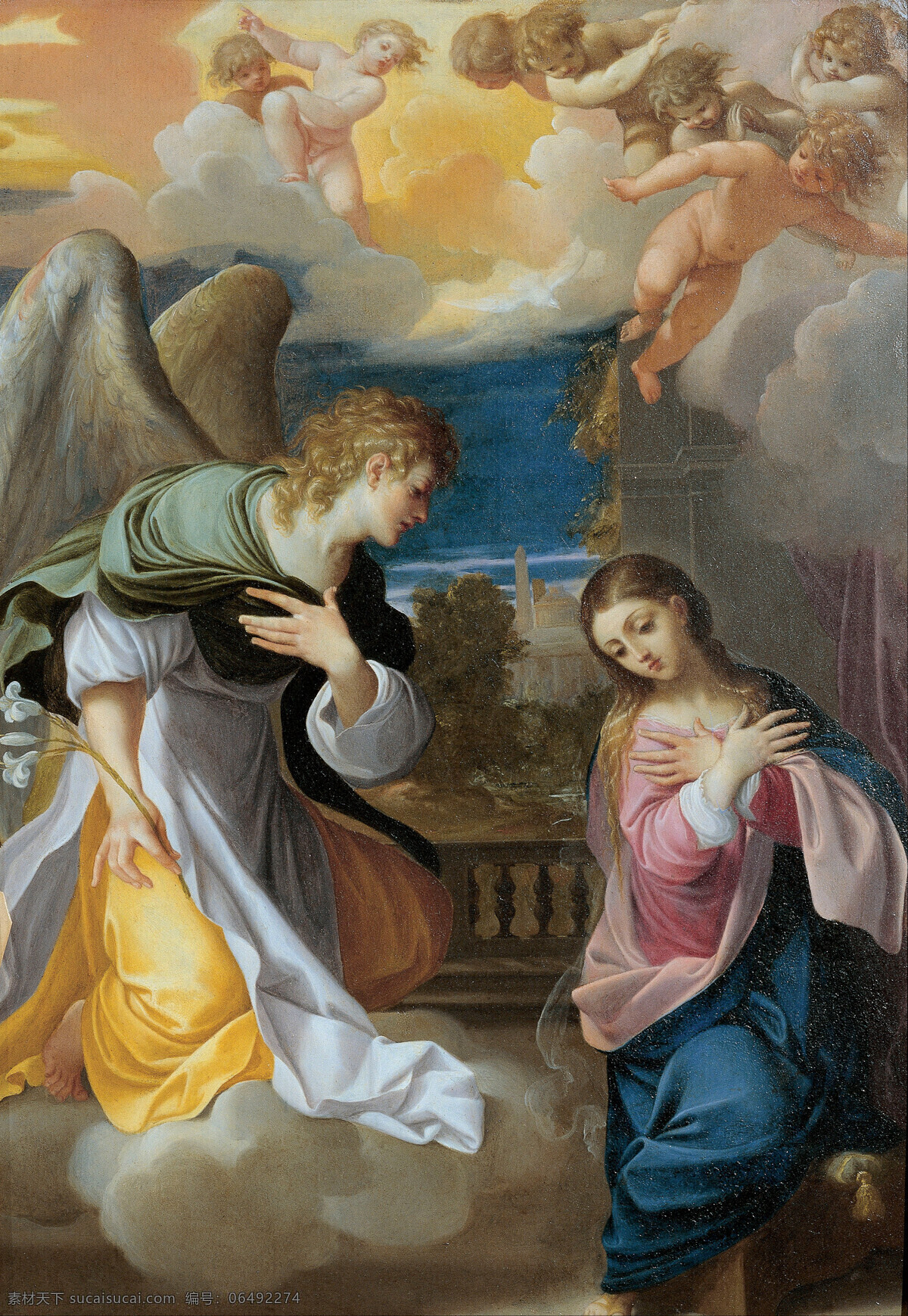 怀孕 绘画书法 文化艺术 油画 天使报喜 卢 多维科 卡拉齐 作品 圣母玛丽娅 天使告之 19世纪油画 装饰素材