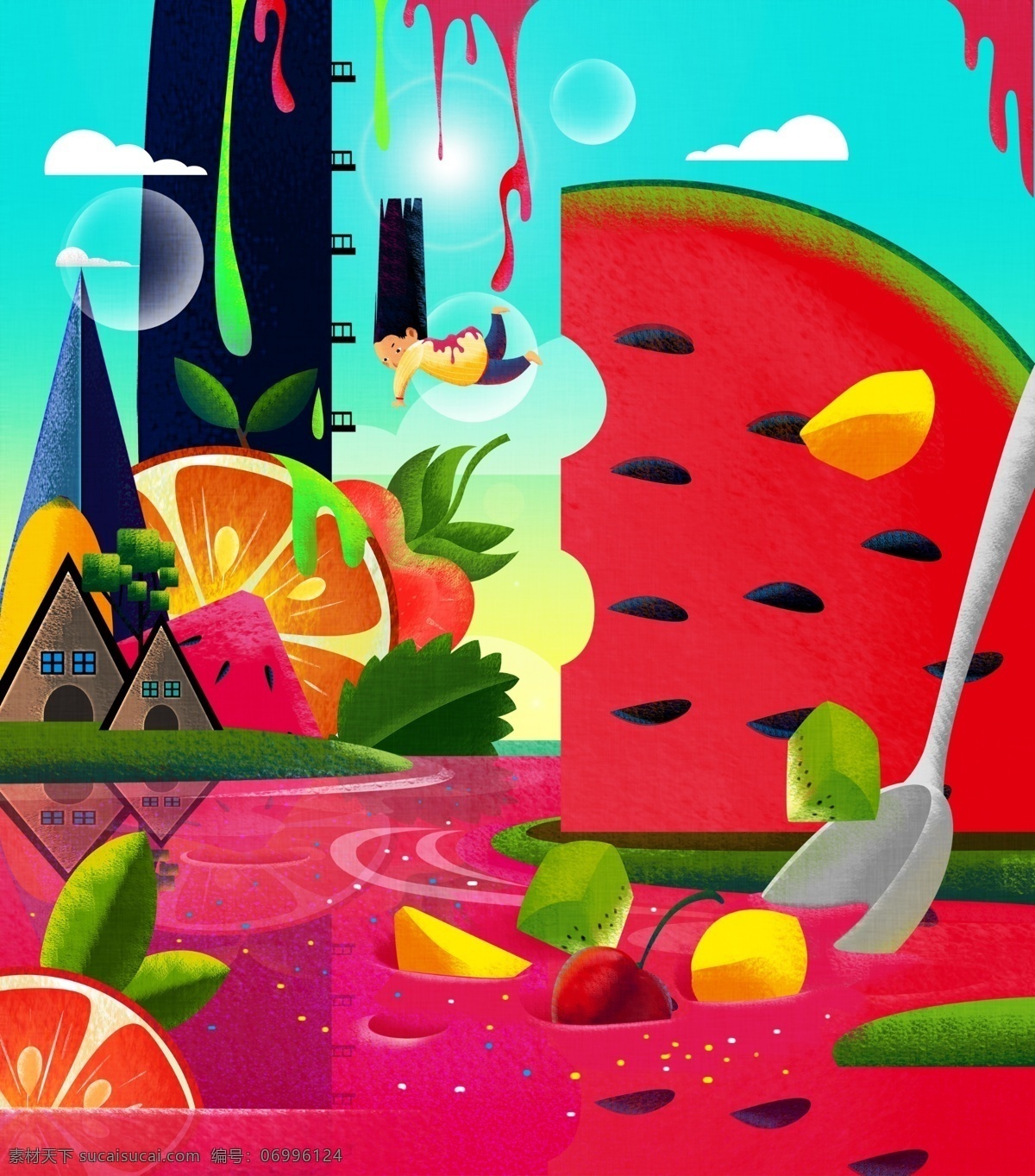 水果 插画 系列 缤纷 飞 一般 感觉 女孩 果汁 刺激 高清图 水果建筑 喜悦感 食欲感 水果缤纷世界 tig格式