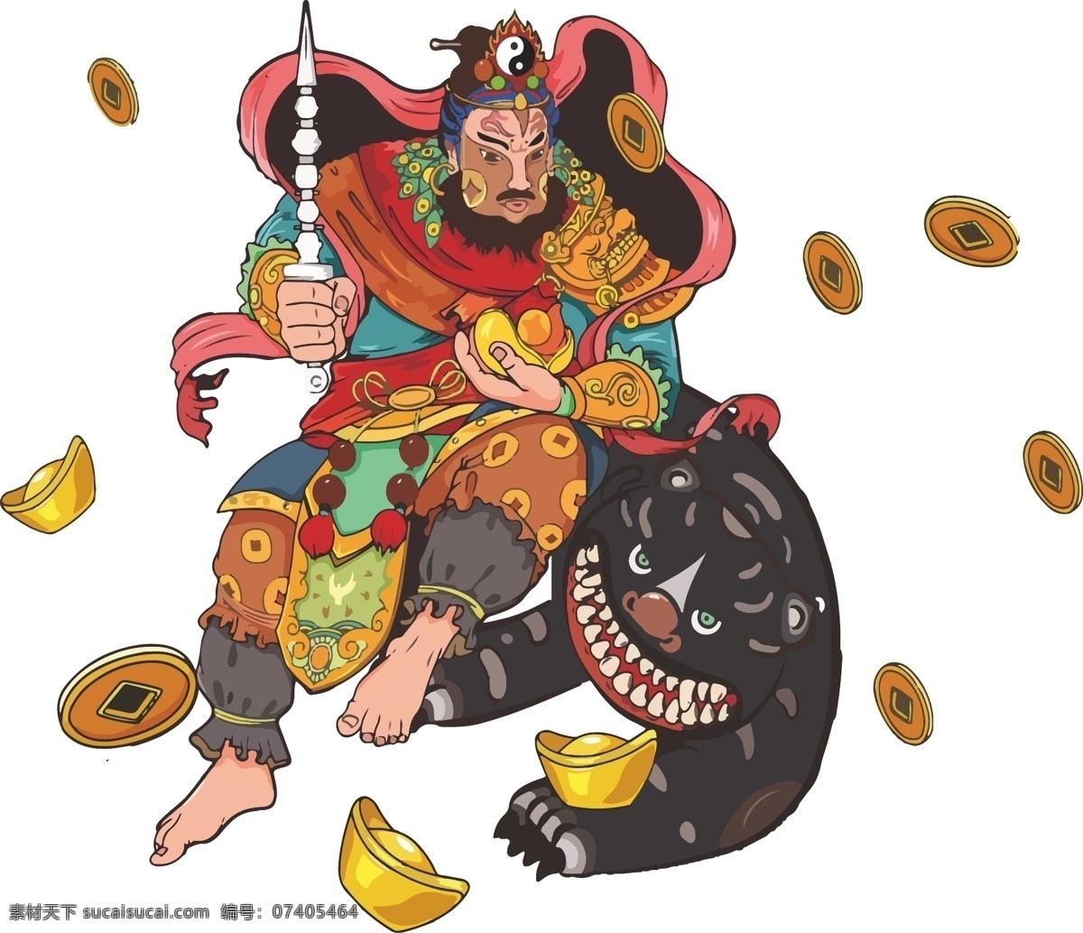 赵公明正财神 赵公明 正财神 财神 雷神 财神插画 元宝 铜钱 招财进宝 插画 财神到 迎财神 开业