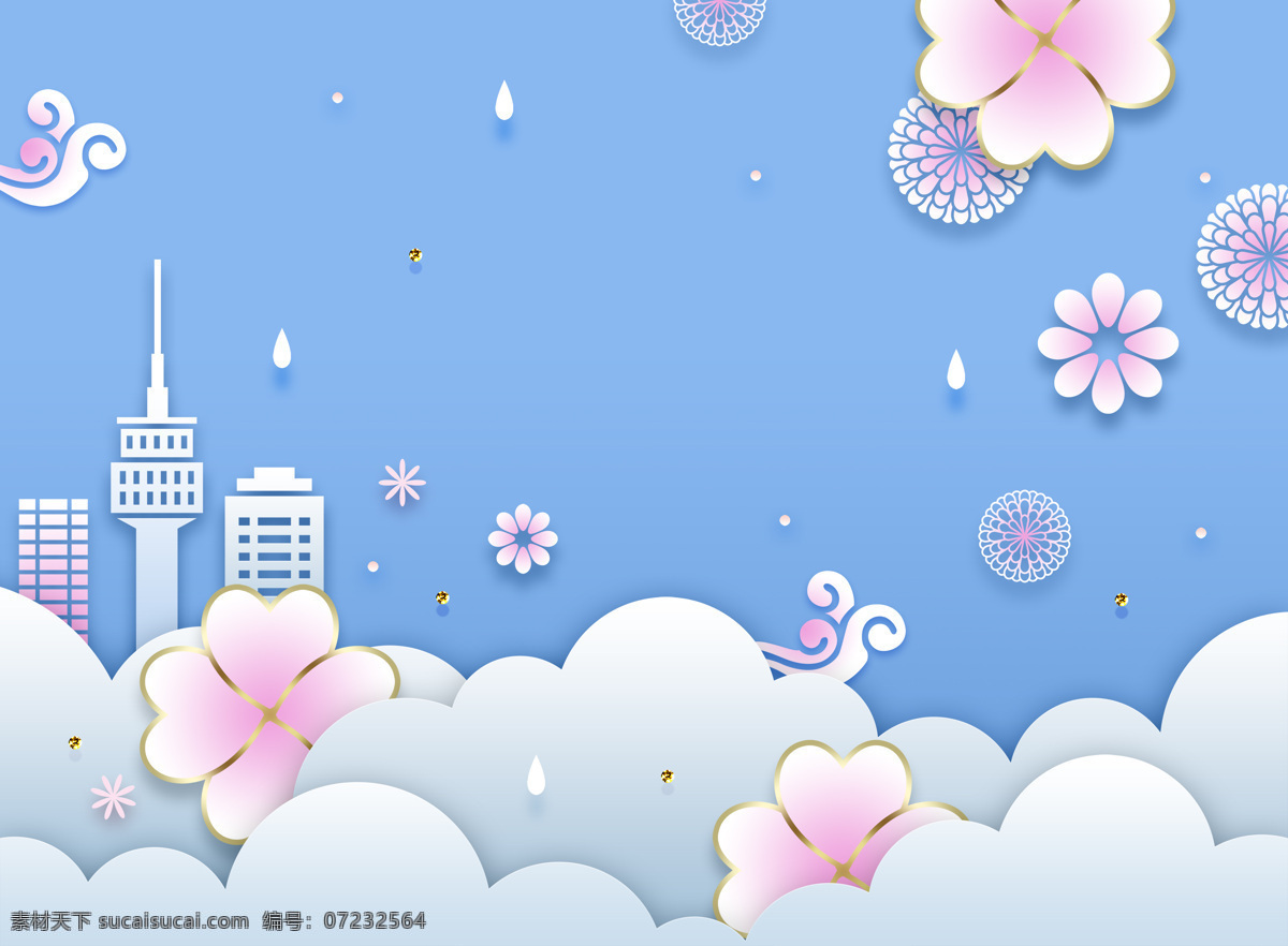 清新 韓式 春天 氣息 卡通 立體 花朵 建筑 背景 藍色 城市 葉子 小清新 花 扁平 粉色 云朵