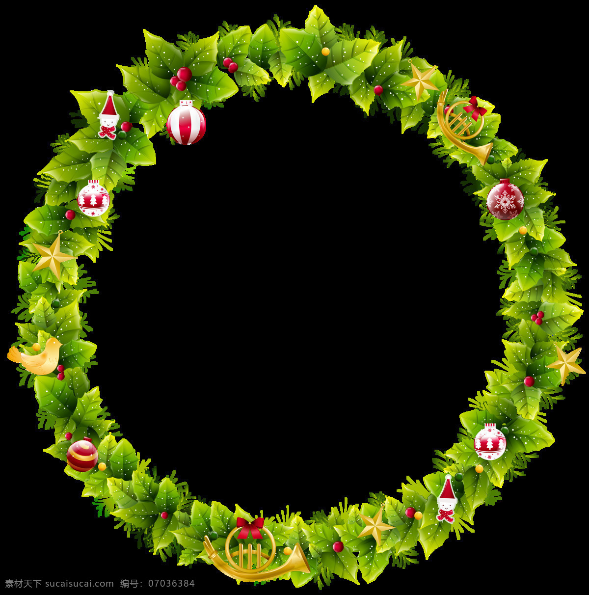 小 清新 圣诞节 圆形 框架 绿叶 免扣素材 圣诞球 透明素材 星星 圆号 装饰图片
