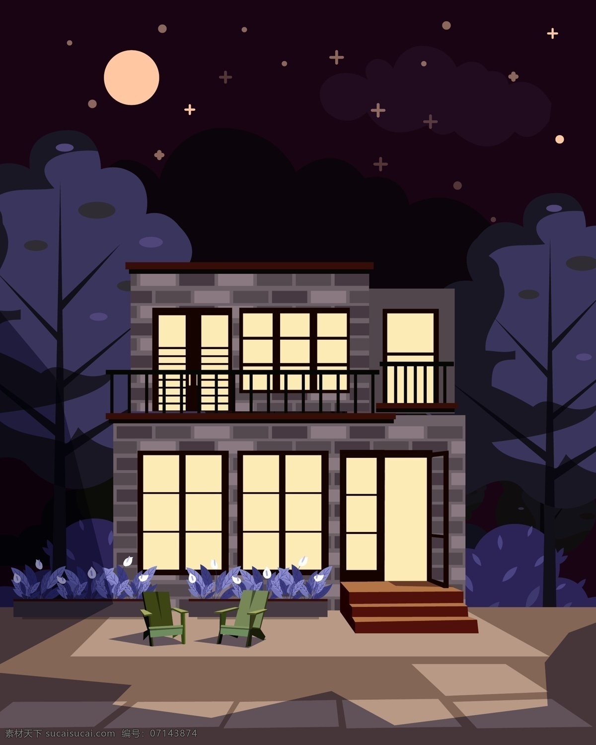 夜晚 私人 住宅 樹木 月亮 花卉 花壇 椅子 森林 矢量 高清圖片