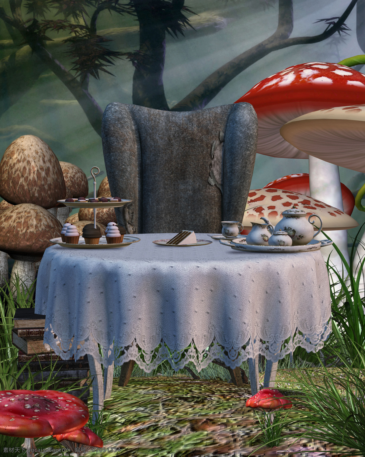 卡通漫画 背景 素材图片 桌子 椅子 蘑菇 食物 草地 大树 卡通背景 植物 自然风光 休闲旅游 景区 景观 山水风景 风景图片