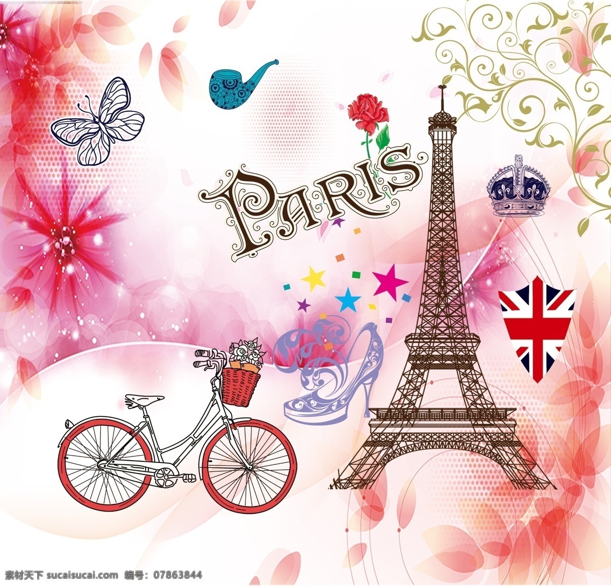 欧美 风格 高清 欧美风格 欧美风情 欧美复古 艾菲尔铁塔 铁塔 巴黎铁塔 自行车 树叶 皇冠 分层 文化艺术 传统文化
