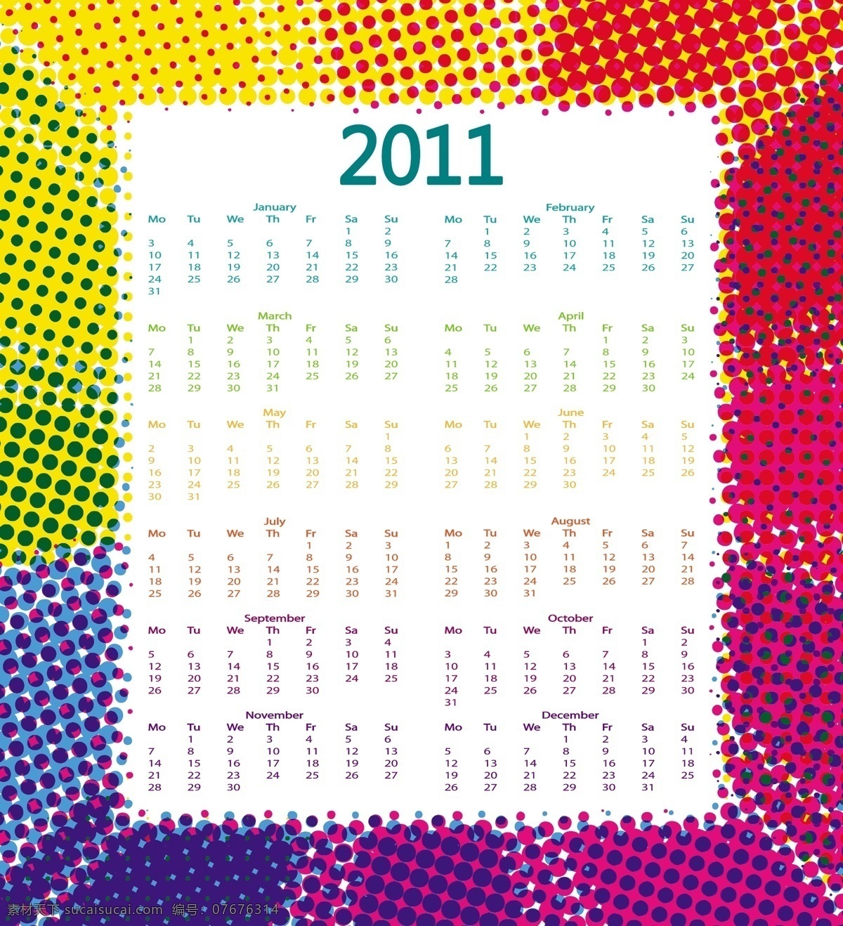 2011 年 彩色 掛歷 年歷 矢量 矢量素材 矢量圖 2011素材 新年 2011掛歷 2011日歷 網(wǎng)點(diǎn)背景 半調(diào)圖案 圓點(diǎn)背景 網(wǎng)紋背景 圓圈星光 藍(lán)色背景 藍(lán)色掛歷 紅心桃心形 紅色