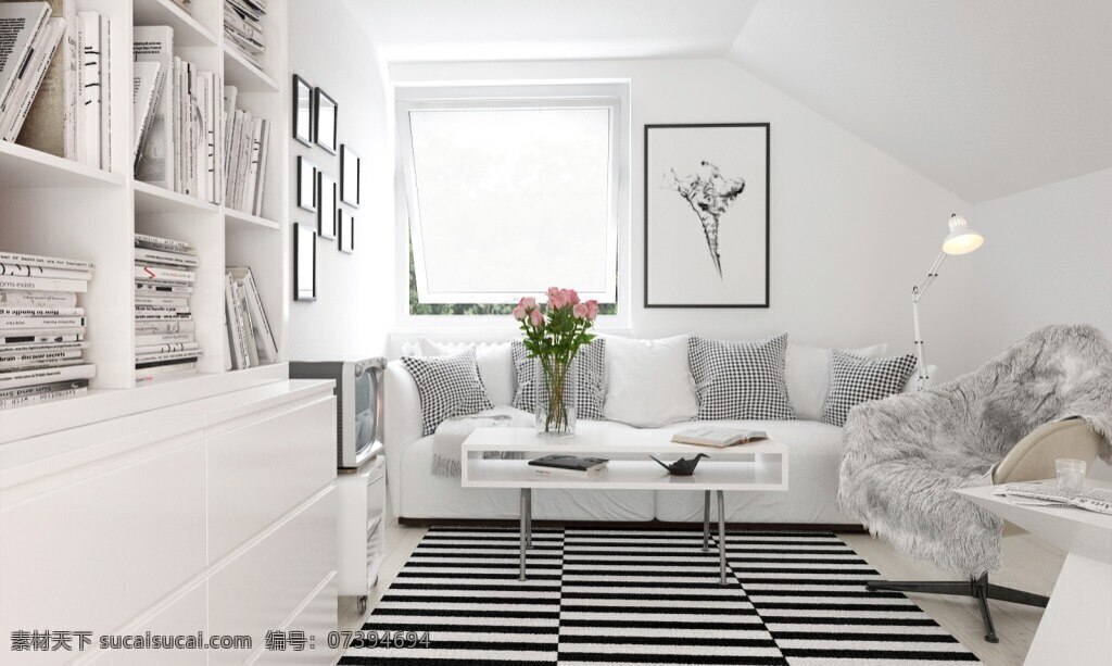 简约 大气 鲜花 客厅 家装 效果图 室内设计 白色 干净 书柜
