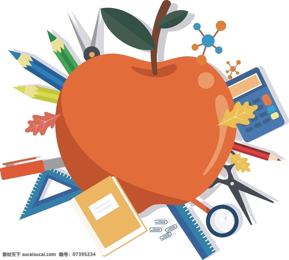 矢量 苹果 学习 用具 元素 学习用具 水果 手绘 ai元素 免扣元素
