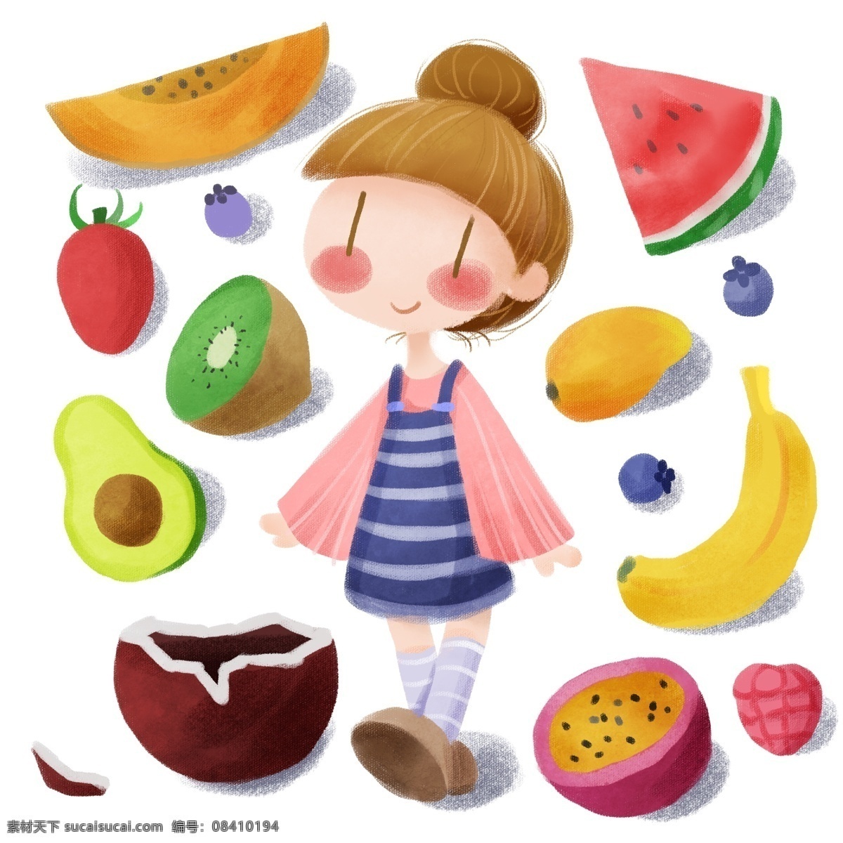 手绘 小女孩 水果 派对 健康生活 健康 生活 西瓜 木瓜 椰子 夏天 夏 香蕉 芒果 牛油果 圣女果 蓝莓 树莓 维生素
