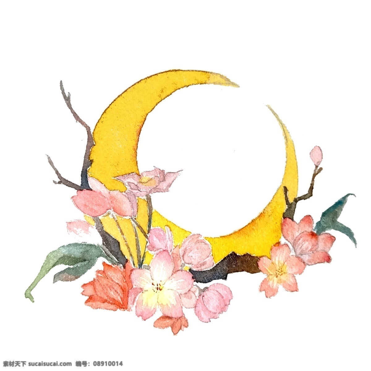 唯美 ?；?粉色 月亮 花卉 水彩 彩色花团 花朵 梦幻 游 春天 春光 烂漫 装饰 春日 春花 植物 花枝 可爱