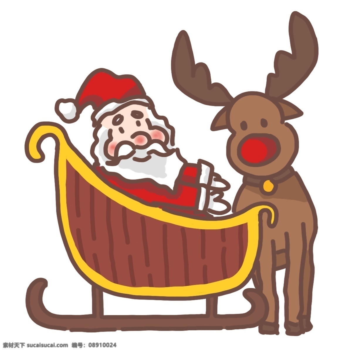 坐在 雪橇 车上 圣诞老人 圣诞节 系列 五 卡通 手绘 雪橇车 麋鹿 铃铛 咖啡色 大红色 黄色 装饰贴画