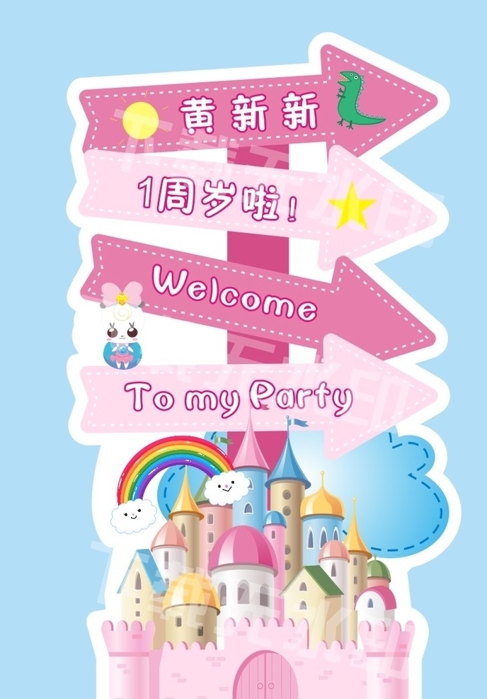 周歲方向牌 城堡 周歲 生日歡迎牌 粉色城堡 彩虹 指示方向牌 周歲啦