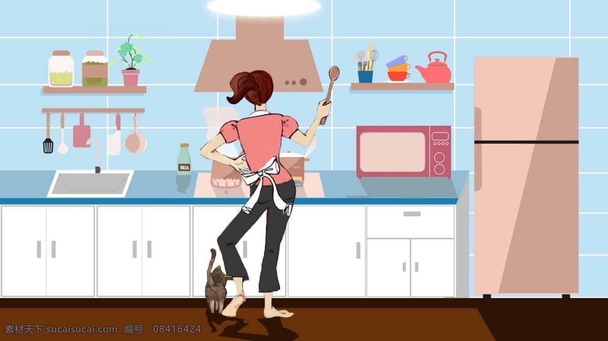 居家生活 厨房 做饭 女孩 母亲 插画 居家 休闲 美食 独自一人 猫咪 煮饭 假日 厨具