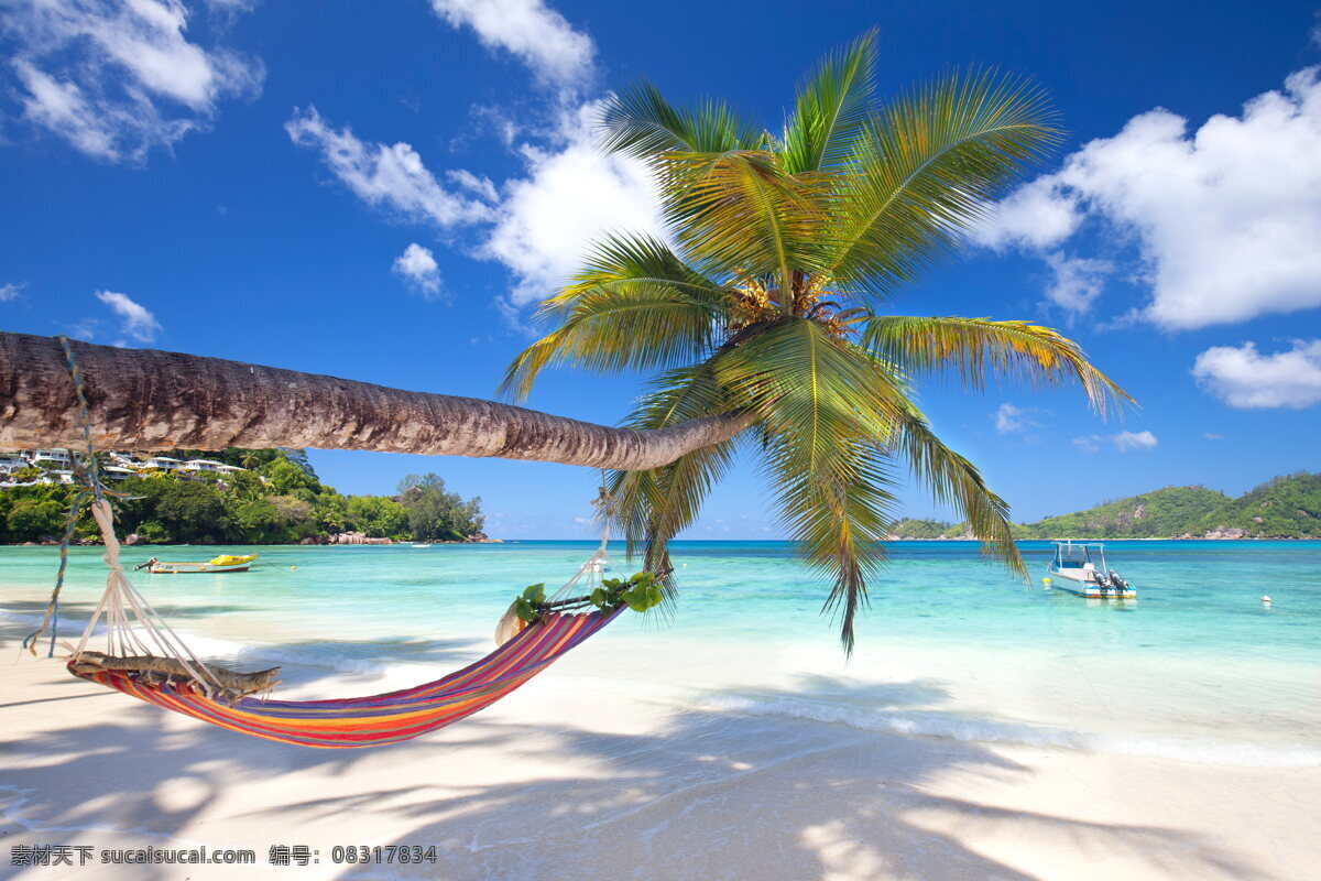 高清 椰树 吊床 海滩 风光 海滩风光 沙滩景观 海岸 大海 游艇 蓝天白云 热带植物 自然风景 琦逗 自然景观