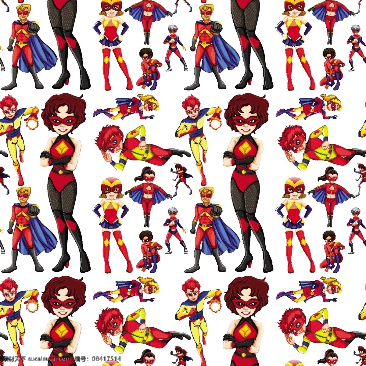 无缝 超级 英雄 男女 插画 图案 人物 墙纸 艺术 绘画 超级英雄 插图 女性 男性