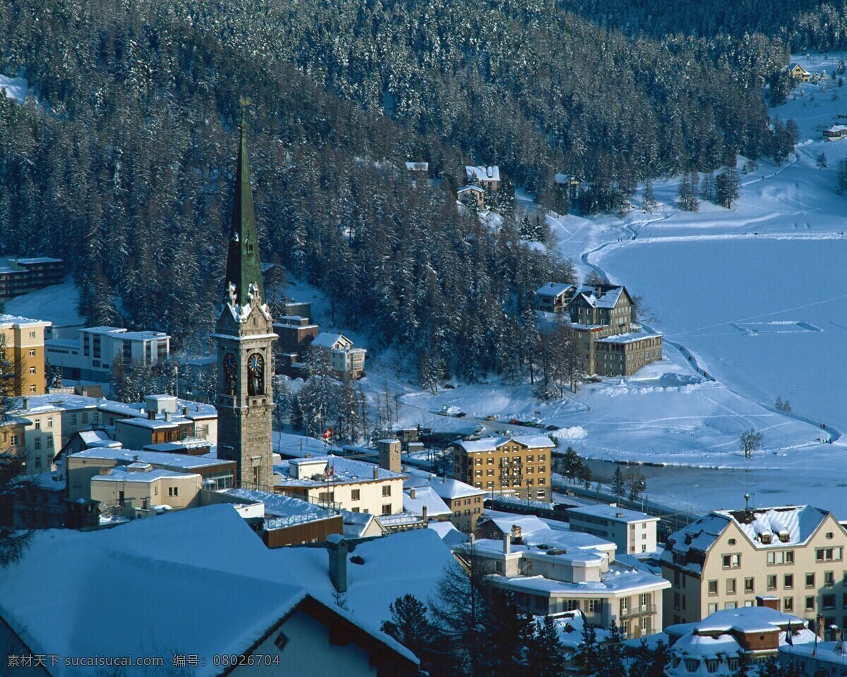 歐洲小鎮(zhèn)雪景 白雪 歐式建筑 綠樹 山丘 旅游攝影 國外旅游 攝影圖庫