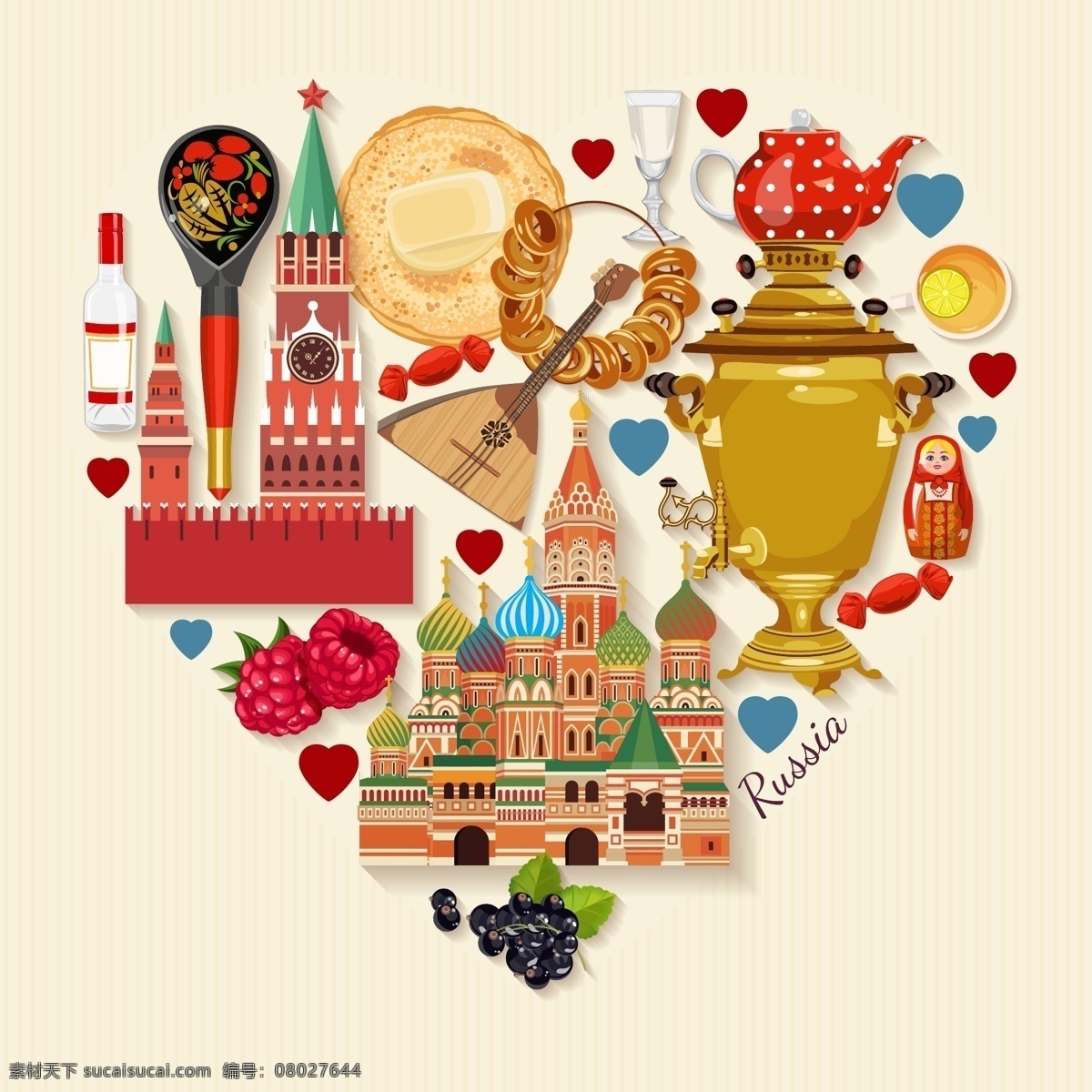 创意 俄罗斯 旅行 元素 插画 建筑 美食 水果 特色 杯子