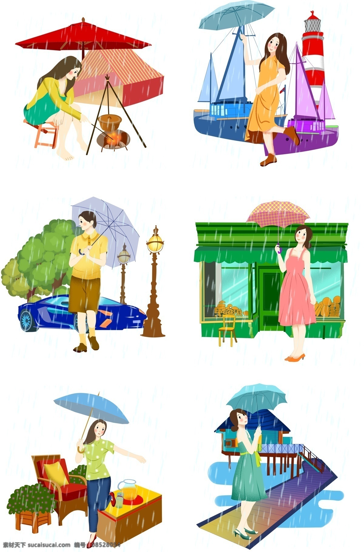 谷雨 人物 合集 插畫 打傘的小女孩 綠色的樹木 植物裝飾 白色的水滴 卡通人物