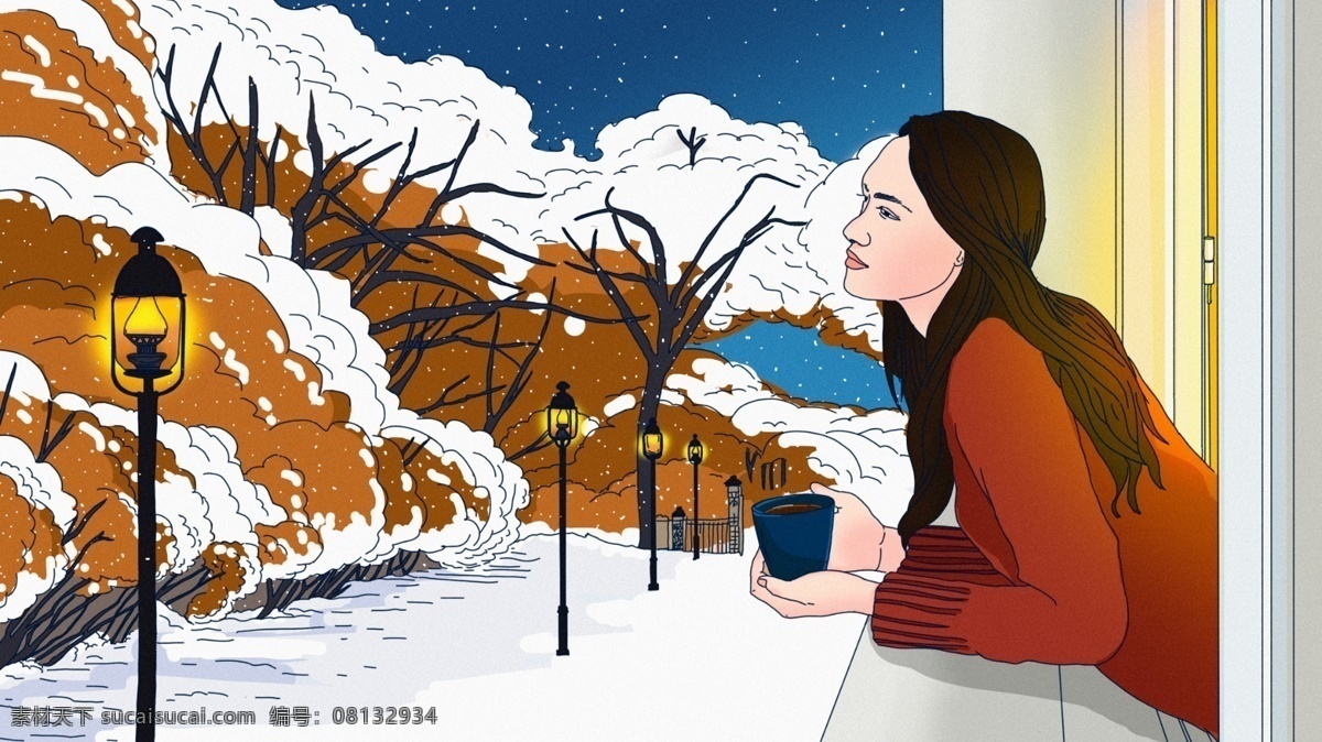原创 冬季 欣赏 窗外 街景 小雪 少女 手绘 插画 树林 公园 下雪天 路灯