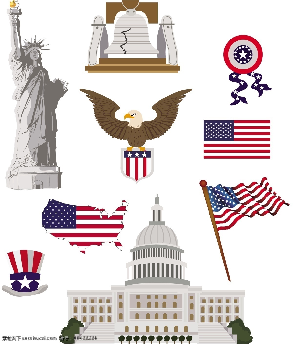 美国文化 矢量 美国文化素材 美国文化矢量 美国素材 美国国旗 自由女神像 美国标志 美国 美国白宫 共享设计矢量 文化艺术
