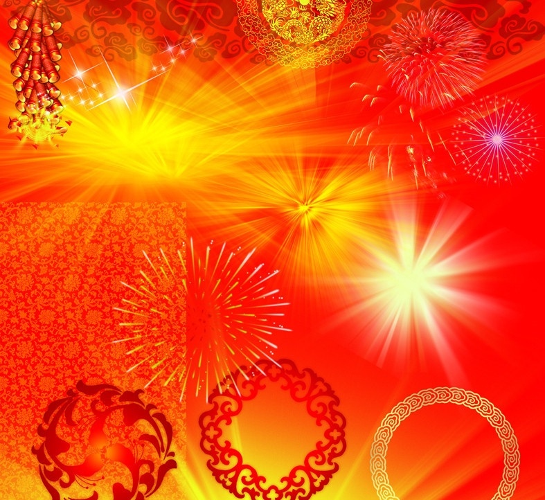 光芒效果 各種發(fā)射光芒 圓形花紋 禮花 鞭炮 祥云底紋 閃爍星星 分層 源文件
