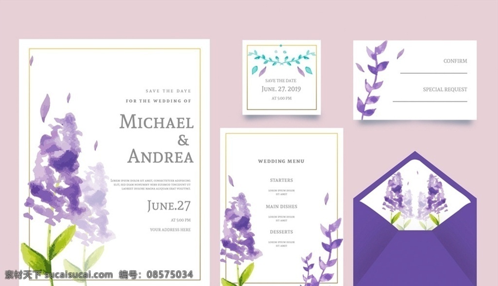 薰衣草 婚礼 卡片 请柬 水彩 紫色薰衣草 婚礼卡片 信封 矢量 高清图片