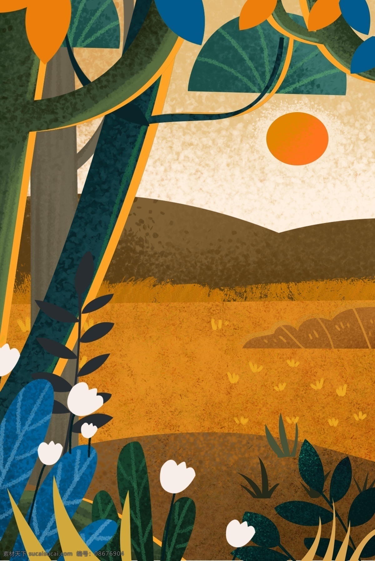 手绘 丰收 季节 海报 背景 卡通 太阳 树木 农作物 稻谷