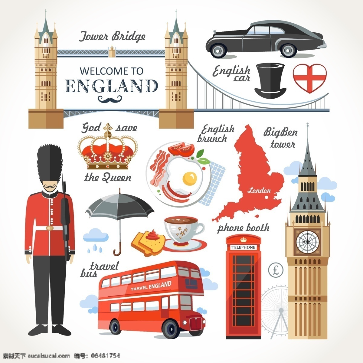 特色 英国 旅行 插画 美食 人物 建筑 双层车 电话亭