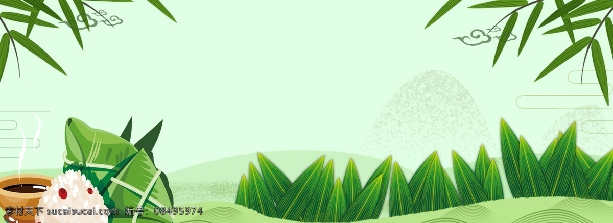 卡通 端午節(jié) 吃 粽子 bnner 背景 簡(jiǎn)約 小清新 組合 線條 綠色