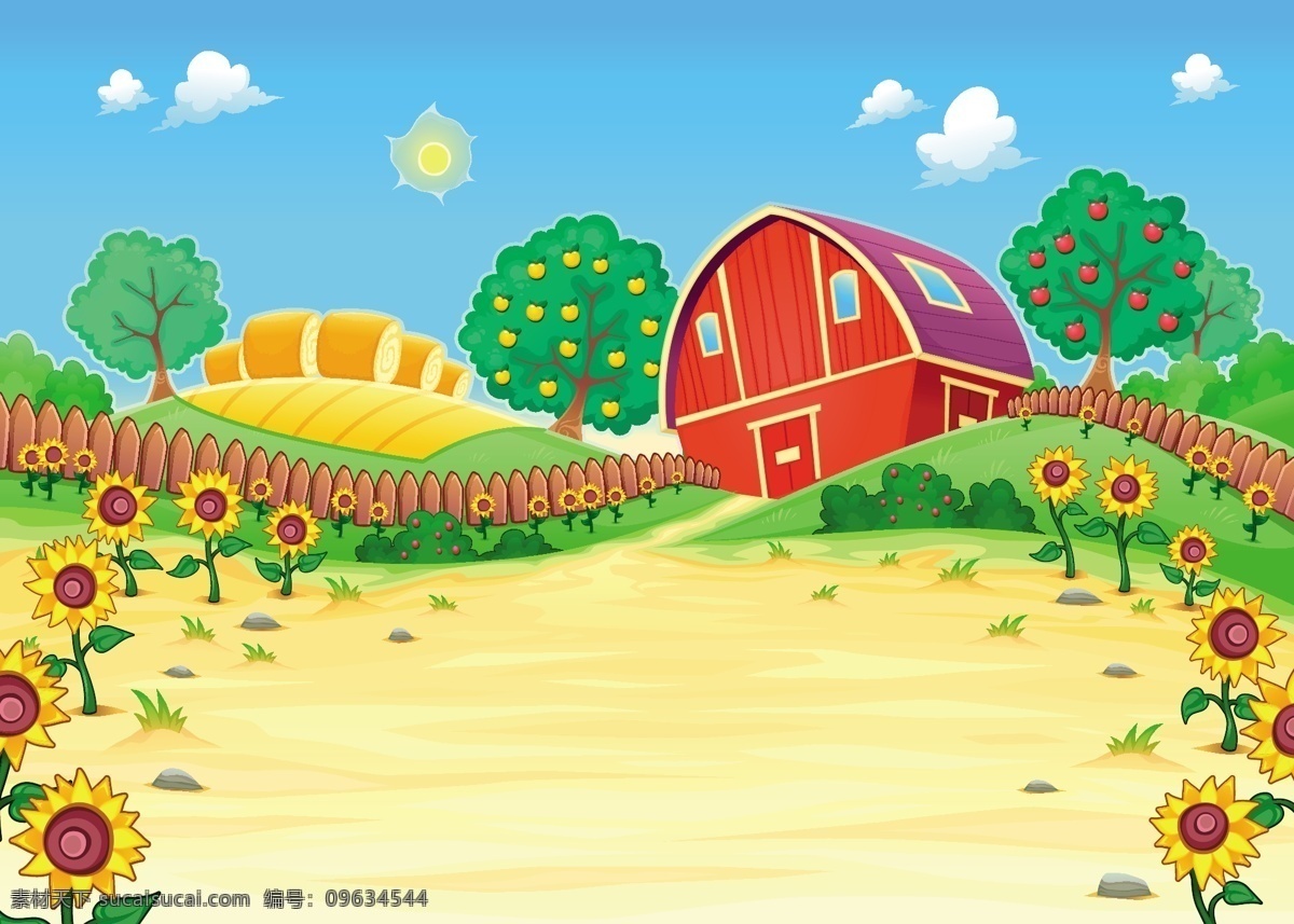 有谷仓的农场 树 房子 夏天 建筑 自然 卡通 家庭 农场 水果 风景 色彩 花园 苹果 柠檬 团体 有趣 向日葵 篱笆 田野 吉祥物