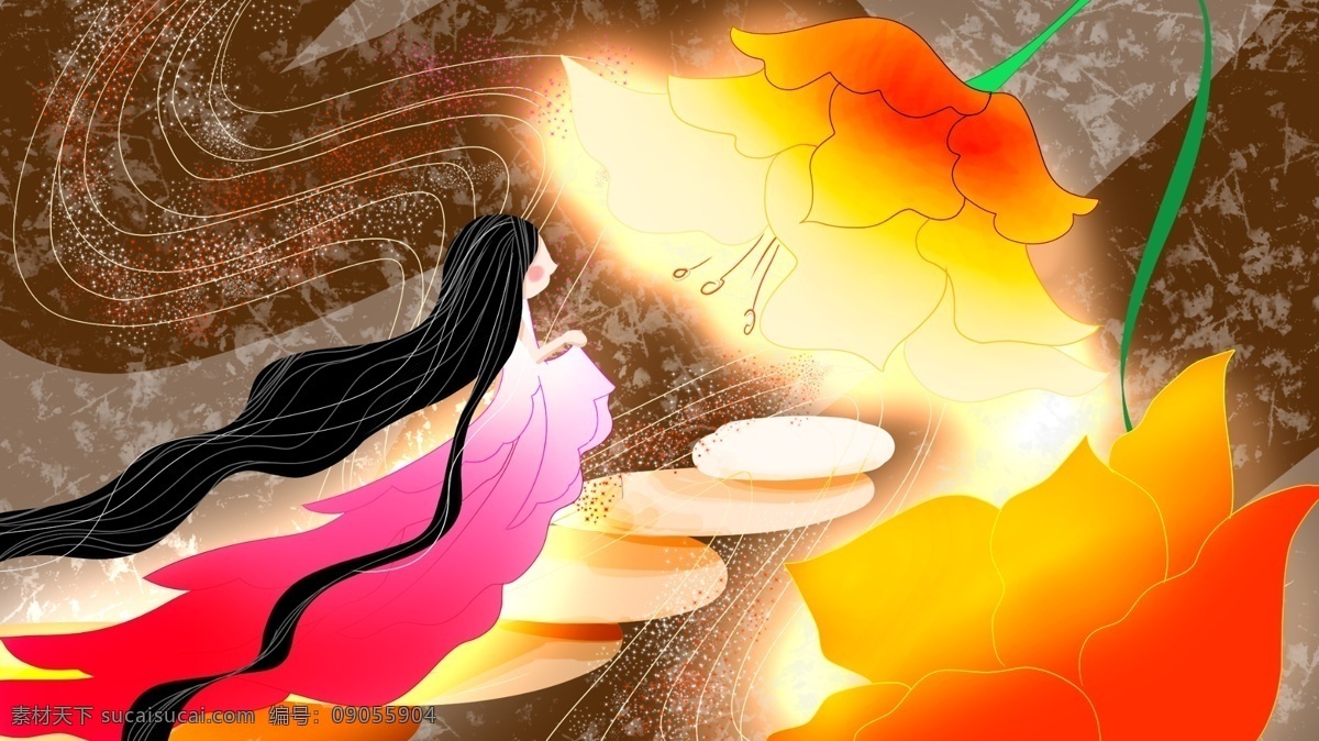 原創(chuàng) 手繪 插畫 復(fù)古 長(zhǎng)裙 少女 古風(fēng) 花 長(zhǎng)發(fā)
