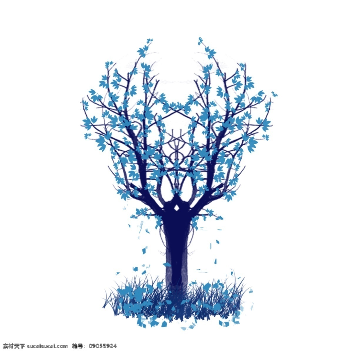 手绘 简约 意境 秋天 唯美 落叶 枯 树木 免 扣 叶子 冬季 剪影 蓝色 树