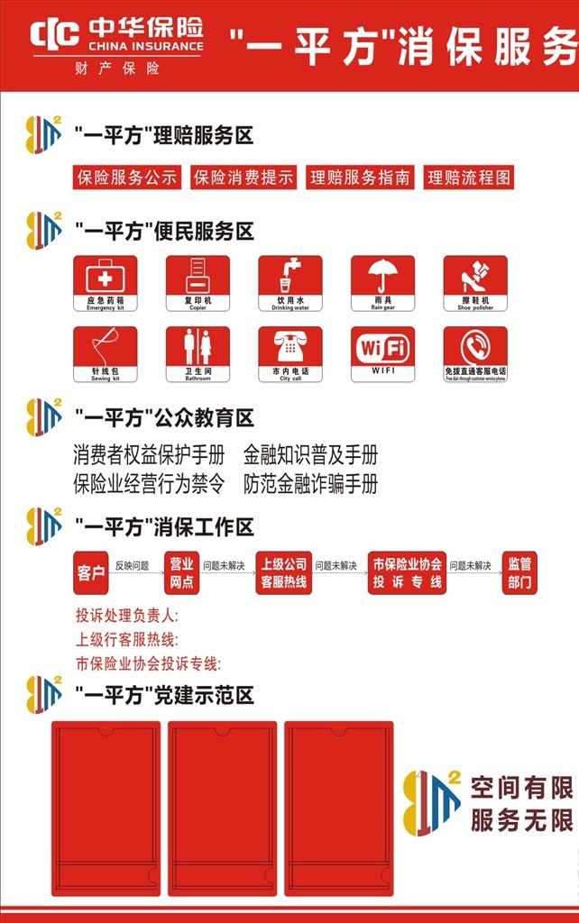 中華 保險(xiǎn) 平方 消保服務(wù) 一平方 服務(wù) 便民服務(wù) 理賠服務(wù) 便民服務(wù)區(qū) 公眾教育區(qū) 消保工作區(qū) 當(dāng)見示范區(qū) 營業(yè)網(wǎng)點(diǎn) 客服熱線 市保險(xiǎn)業(yè)協(xié)會(huì) 監(jiān)管部門