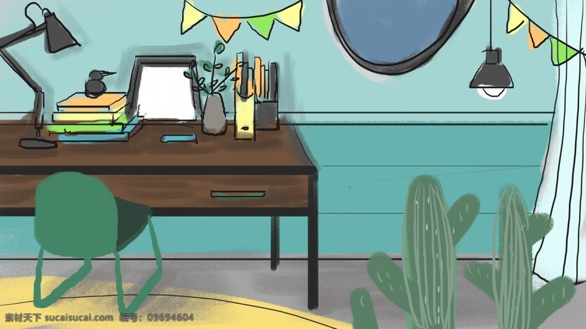 马尔斯 绿 工作室 涂鸦 风 插图 绿色 桌子 地毯 窗帘 插画 椅子 书 台灯 仙人掌 镜子 彩旗