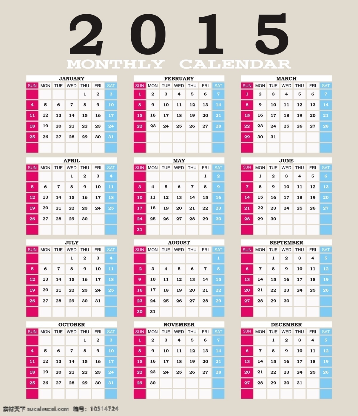 2015 年 全年 月历 矢量 日历 2015年 矢量图 日常生活