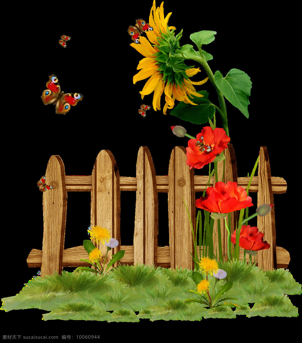 手绘 美丽 童话 鲜花 围栏 透明 蝴蝶 向日葵 绿叶 草丛 透明素材 免扣素材 装饰图片