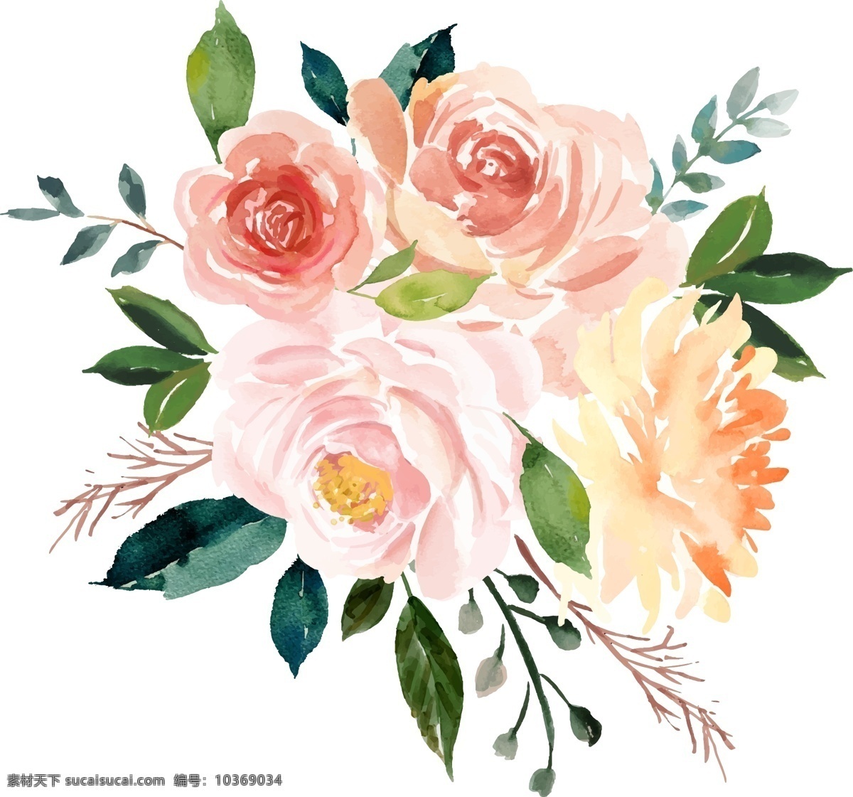 水彩 精美 花朵 粉色 葉子 矢量素材 設計素材