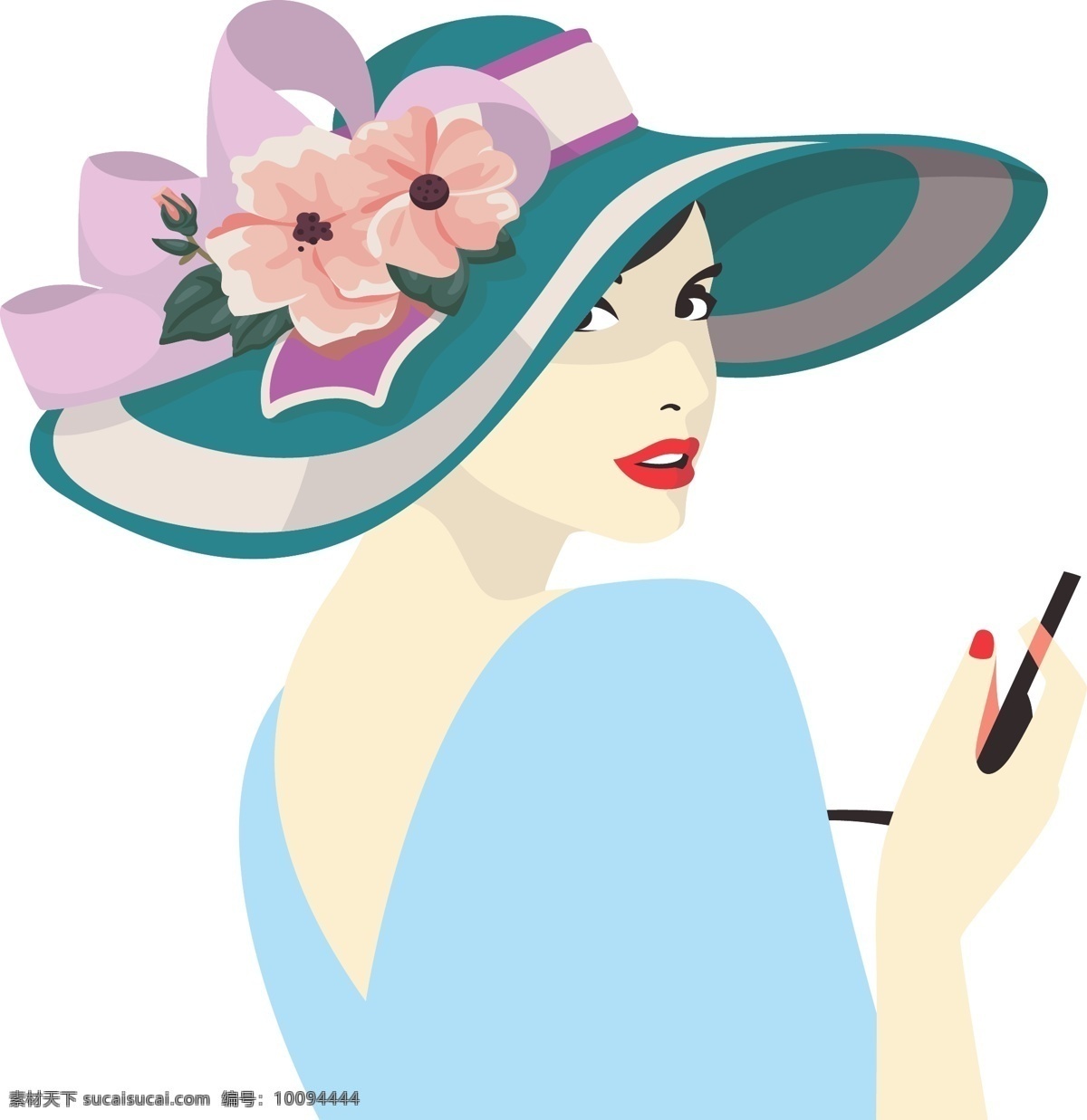 手绘 优雅 戴帽子 女人 免 抠 矢量图 卡通 背影 戴帽子的人 优雅的人 花朵 拿着书的女人 蓝色 粉花 海报 电商