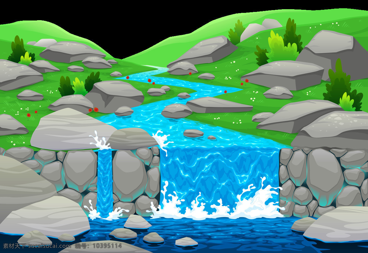 溪水石间 河 卡通 绘图 自然 生态 水 绿色 石头 溪水 流水 插画 背景 自然景观 自然风光