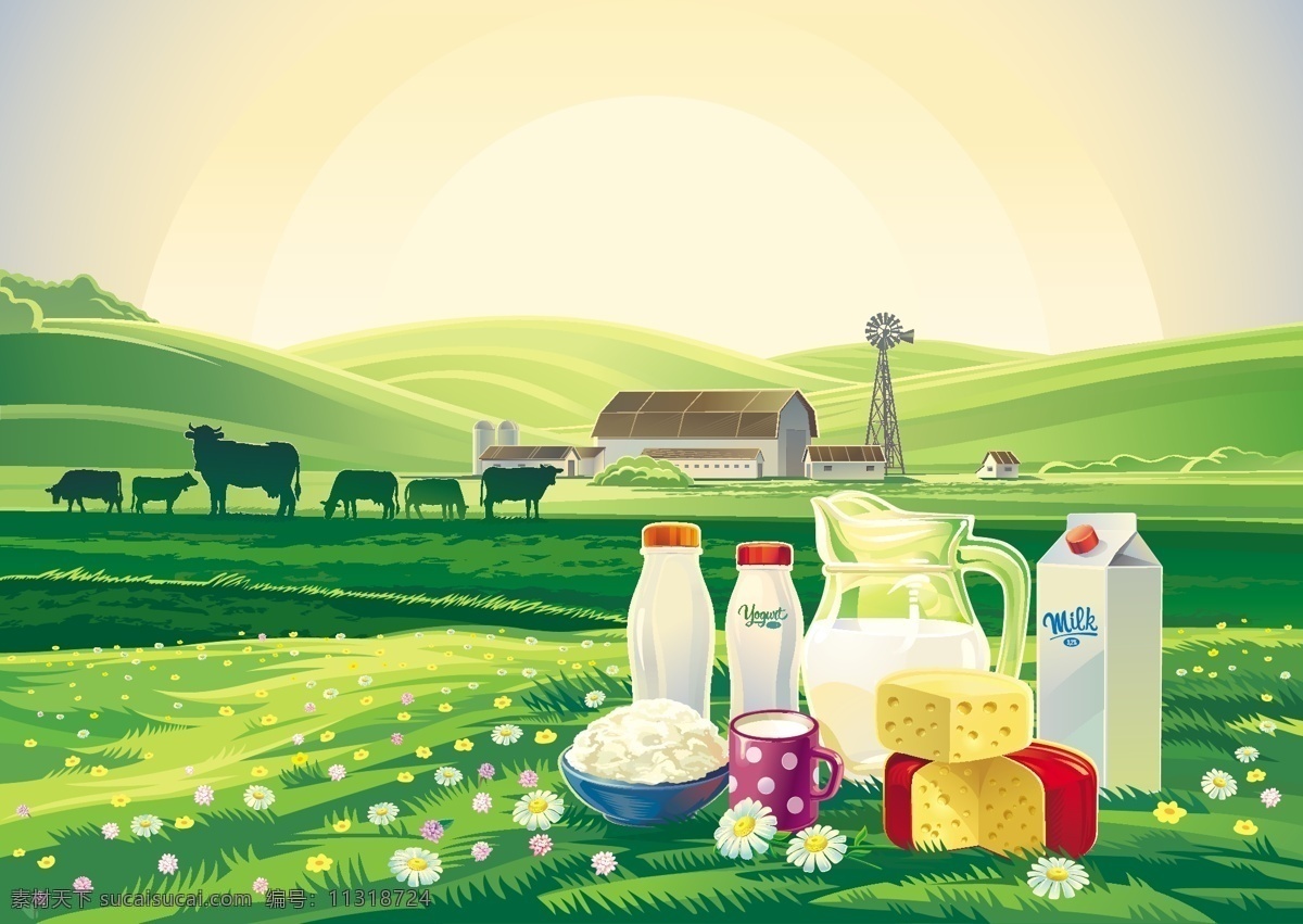 牛奶 农场 景观 海报 矢量 草原 健康 绿色 牛奶与农场 小清新 阳光