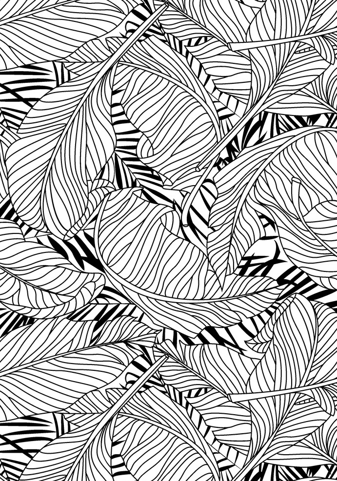 叶子矢量图 黑白树叶 四方连续 叶子脉络 单色图 面料印花图 面料图 底纹边框 花边花纹