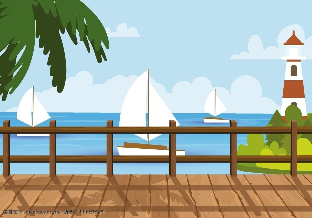 夏季 海洋 海边 景观 插画 景观插画 海边景观 扁平插画 矢量素材 风帆 灯塔 椰树